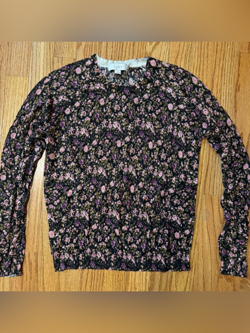 loft thin black floral sweater/blouse with pink and purple